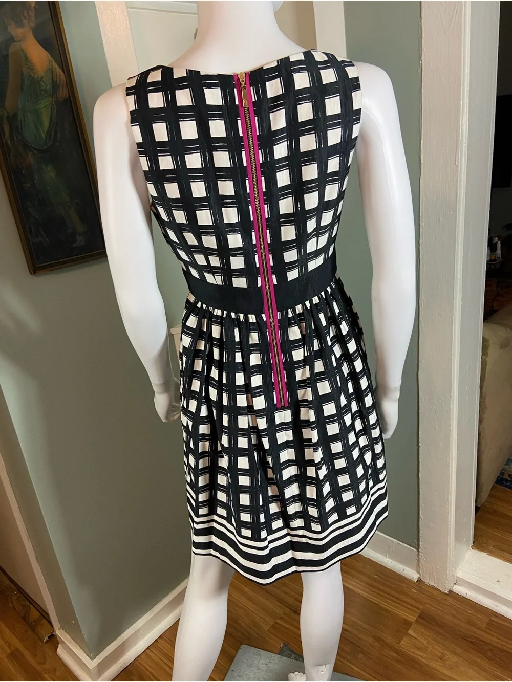 Eliza J Faille/Taffeta Black White Grid Windowpane Plaid Fit Flare Mini Dress 4P